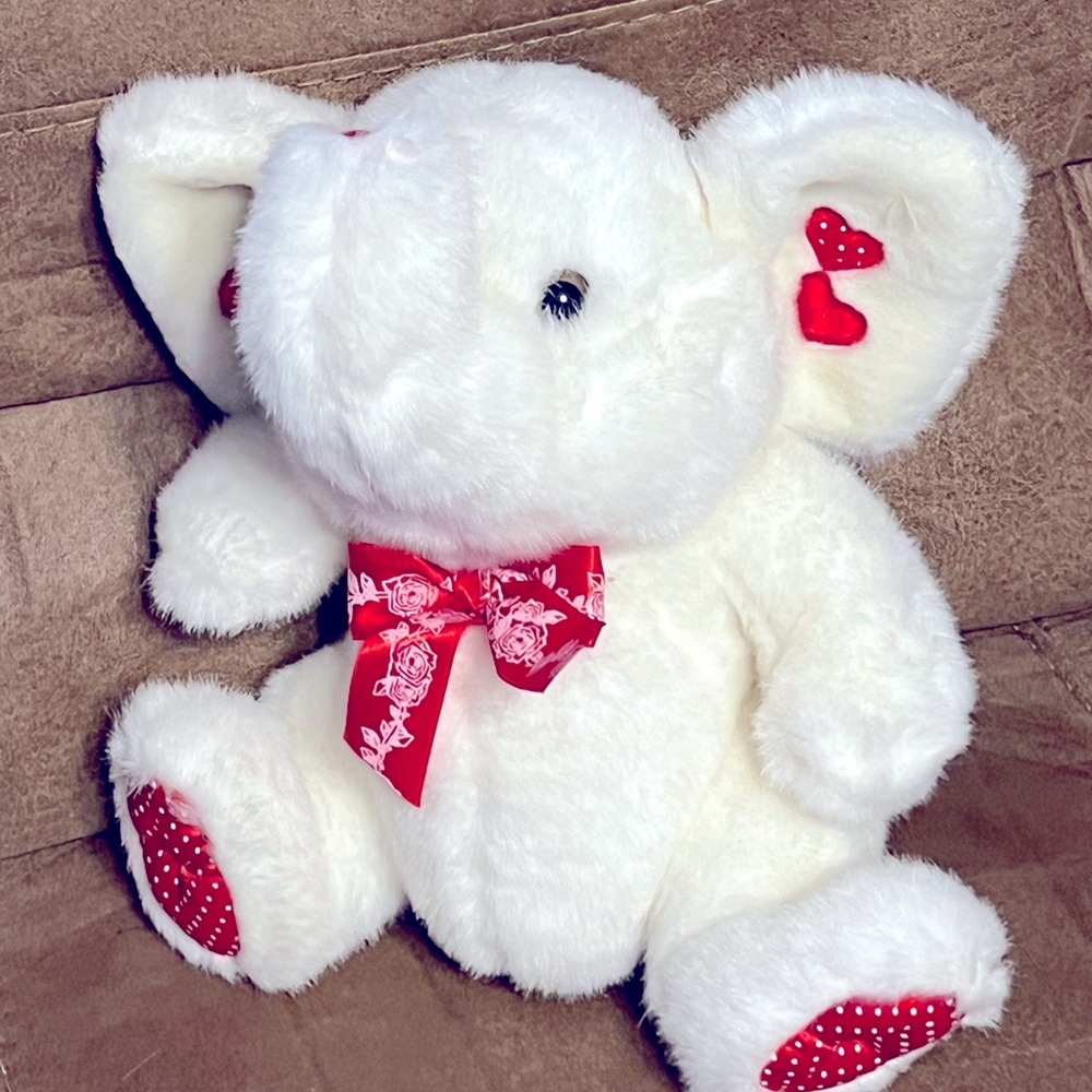Vintage Elephant Plush Red Hearts and Red Ribbon